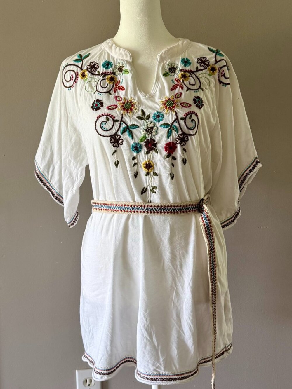 Johnny Was Embroidered Belted Cotton Tunic Top Small